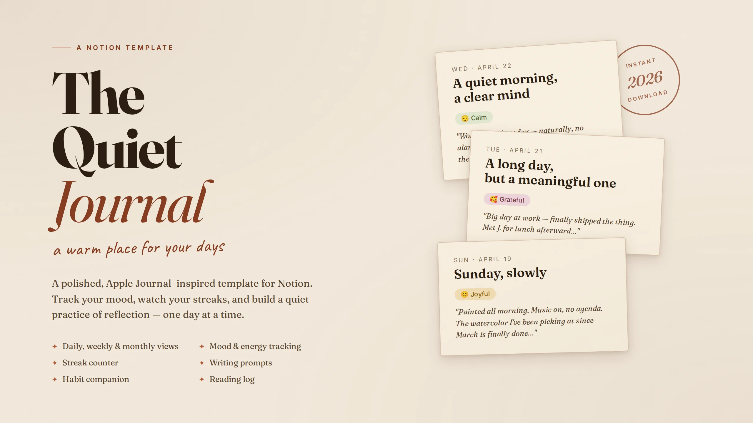 The Quiet Journal — Notion template hero cover