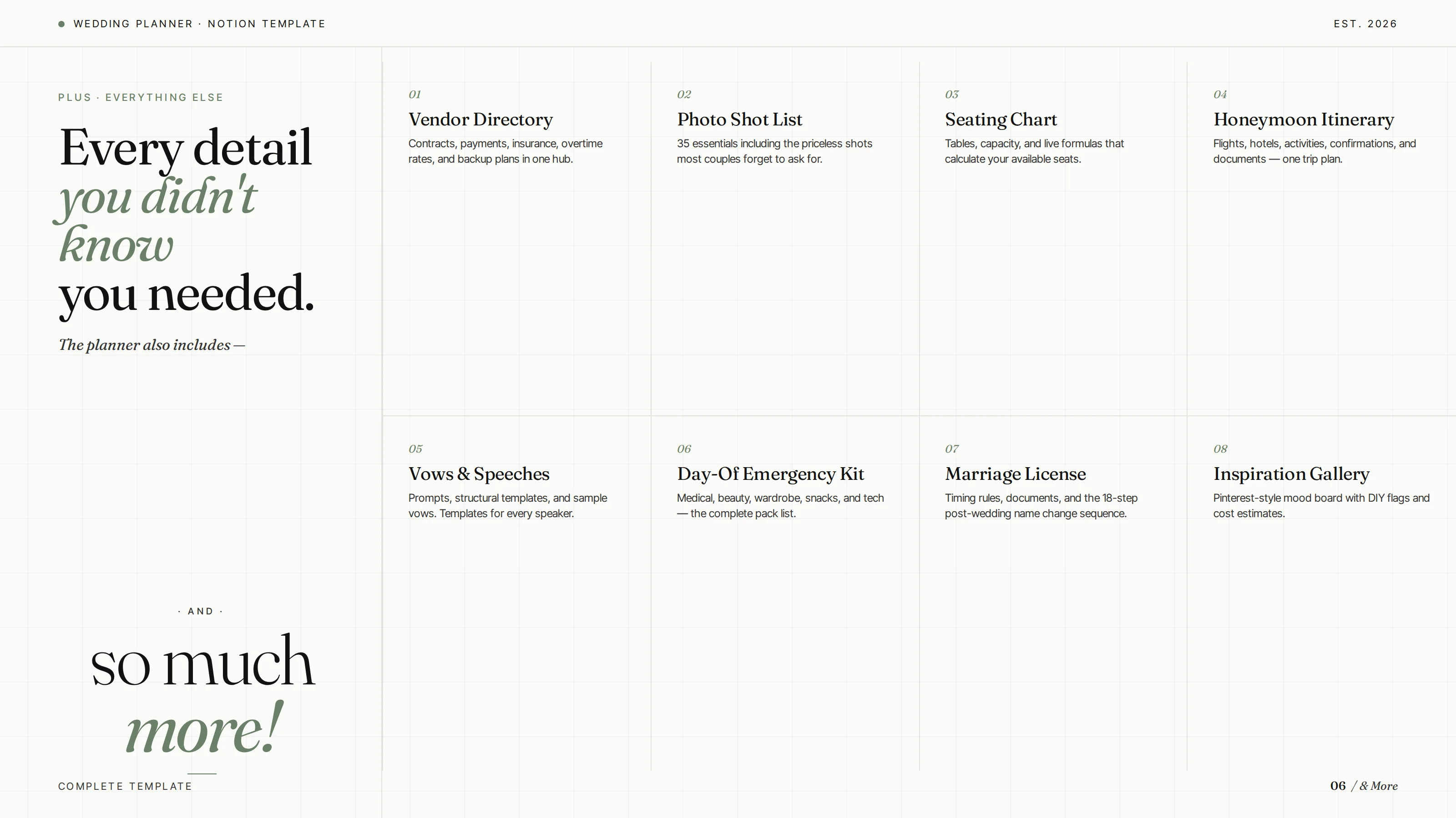 Every detail you didn't know you needed — full feature grid